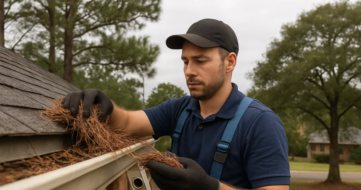 Gutter cleaning technician clearing pine straw from a home's gutters near Dothan, AL