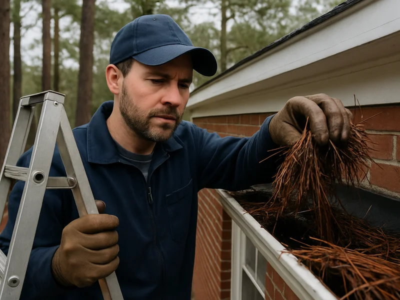 Technician clearing pine straw from a gutter on a home in Enterprise, AL