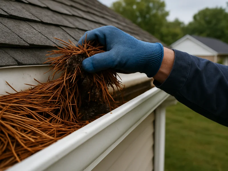 Before and after comparison of a clogged versus cleaned gutter on a Dothan, AL home