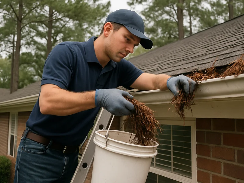 Technician removing pine straw from a gutter by hand near Dothan, AL