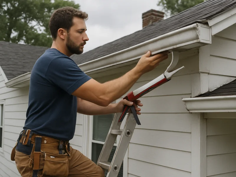 Technician repairing a sagging gutter section on a home near Dothan, AL